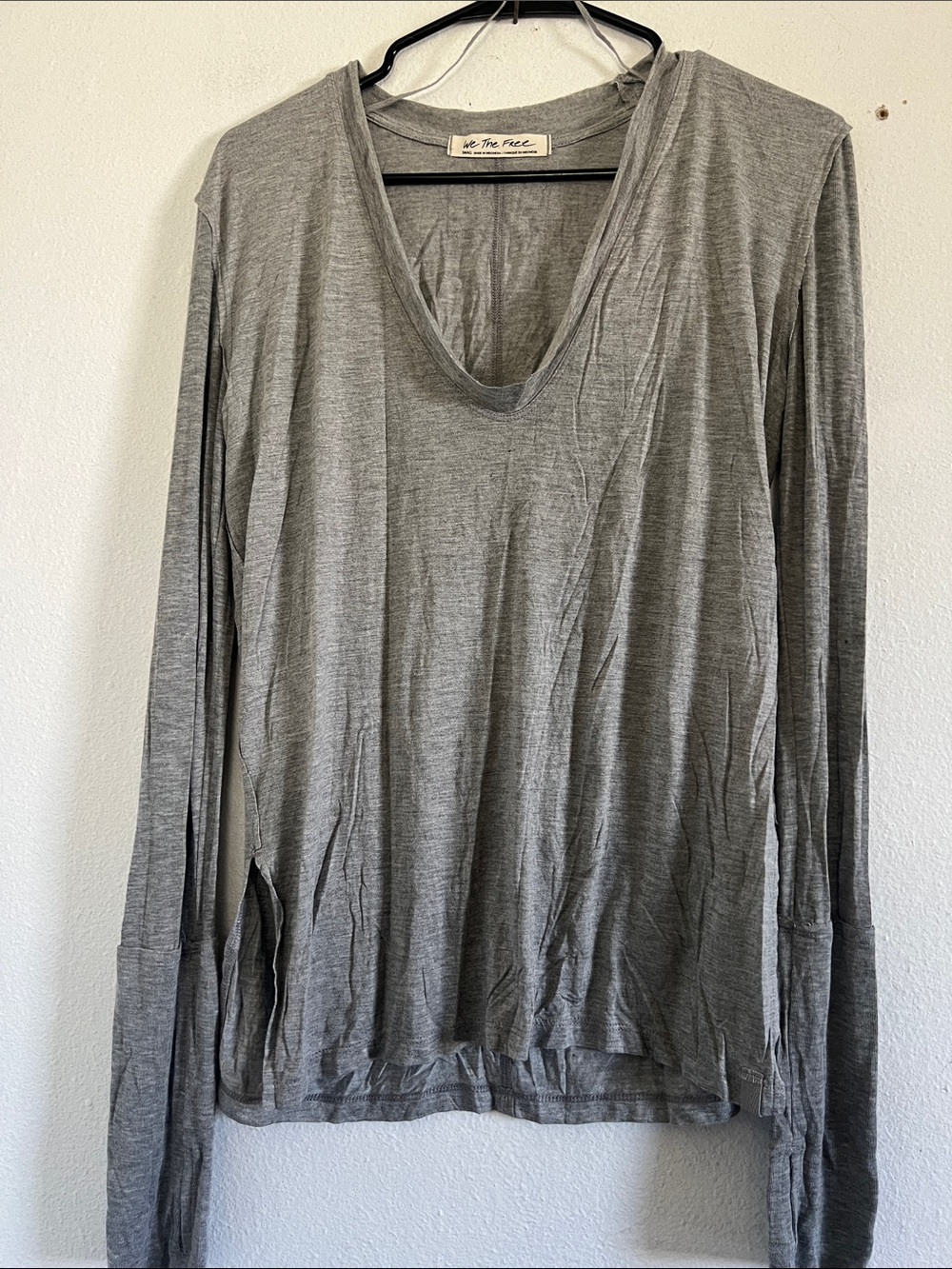 Free People Light Gray Deep V-Neck Long Sleeve Tee